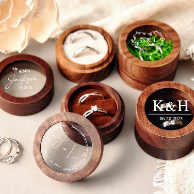 Personalized Wooden Wedding Ring Box with Clear Acrylic Cover Custom Engraved Engagement Proposal Holder Bridal Gift For Her