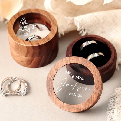 Personalized Wooden Wedding Ring Box with Clear Acrylic Cover Custom Engraved Engagement Proposal Holder Bridal Gift For Her