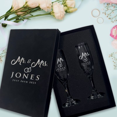 Personalized Champagne Flutes Set of 2 Engraved Wedding Toasting Glasses for Bride and Groom Wedding Decor