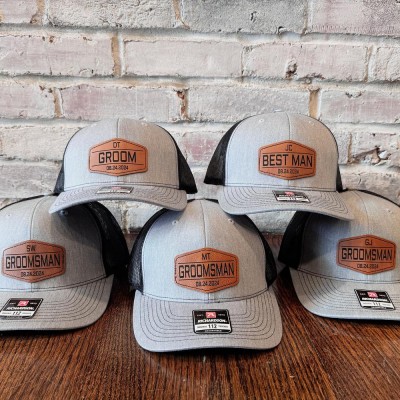 Personalized Grooms Leather Patch Hat with Initials and Wedding Date Groomsman Trucker Hat Wedding Party Hat Wedding Announcement