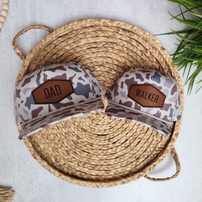 Personalized Deer Camo Dad and Son Leather Patch Hat Adjustable Snapback Hat