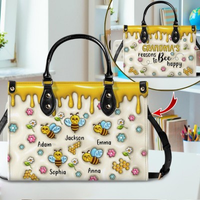 Personalized Grandma Mom With Kids Names Print 3D Effect Leather Handbags Mother's Day Gift