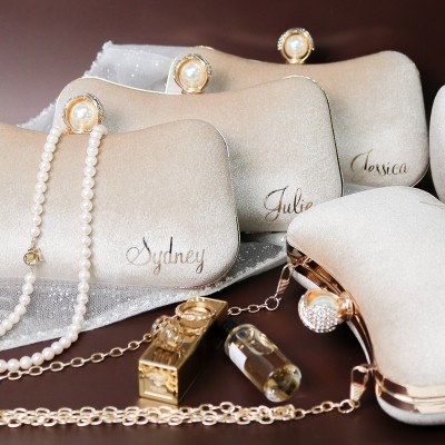 Personalized Bride Clutch Bag Double-Strap Velvet Clutch Removable Gold-Plated Chain Evening Clutch Wedding Gift
