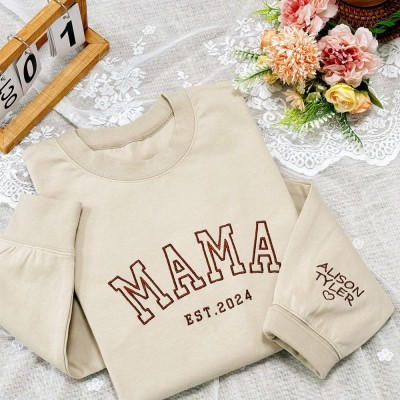 Personalized Embroidered Mama Sweatshirt with Kids Name on Sleeve Mothers Day Gifts