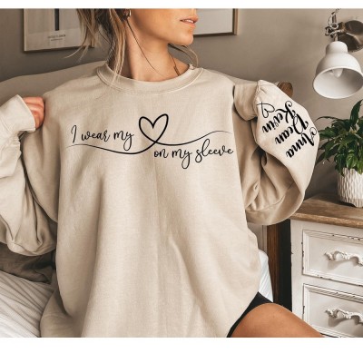 Personalized I Wear My Heart On My Sleeve Sweatshirt Mama Sweatshirt with Kids Name on Sleeve Mother's Day Gift