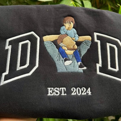 Personalized Embroidered Dad Portrait Hoodie with Kids Name on Sleeve New Dad Drawing Sweatshirt Fathers Day Gift