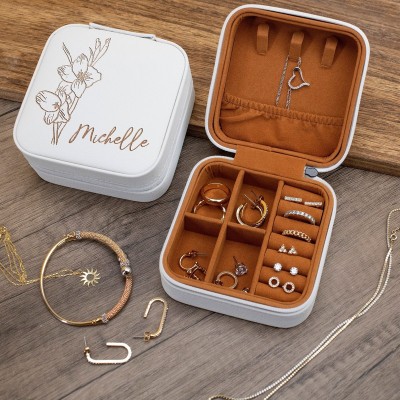Personalized Name Birth Flower Jewelry Travel Cases Vegan Leather Jewelry Organizer Box Wedding Bridesmaid Gift