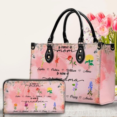 Personalized First Mom Now Grandma Leather Handbags Birth Month Flower Bags Gift For Mom Mother's Day Gift