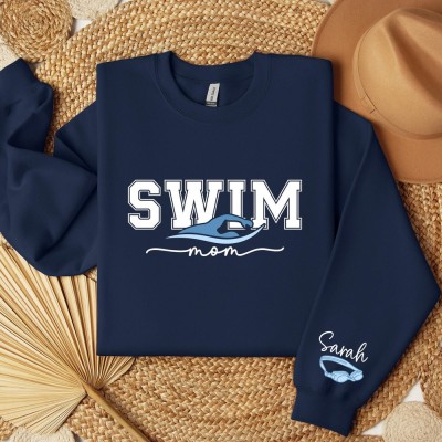 Personalized Swim Mom with Kids Name On Sleeve Sweatshirt Mothers Day Gifts