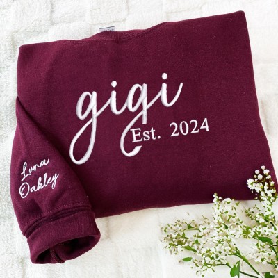 Personalized Embroidered Gigi Sweatshirt with Kids Name on Sleeve Est Year Hoodies Mothers Day Gifts