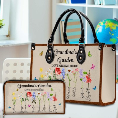 Personalized Birth Month Flowers Grandmas Garden Handbags with Family Names Mother's Day Gift