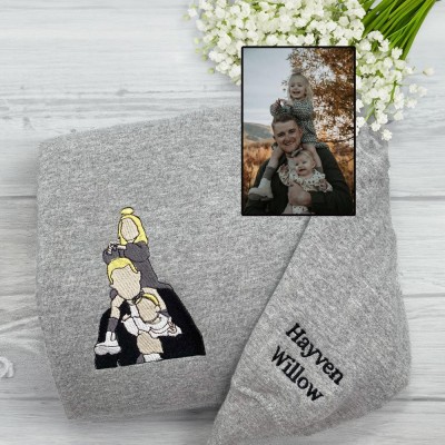 Personalized Embroidered Portrait Best Dad Hoodie with Kids Name New Dad Drawing Sweatshirt Fathers Day Gift
