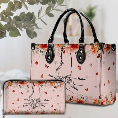 Personalized Grandma's Garden Hands Holding Leather Handbags with Kids Name Grandma Gifts Mother's Day Gift