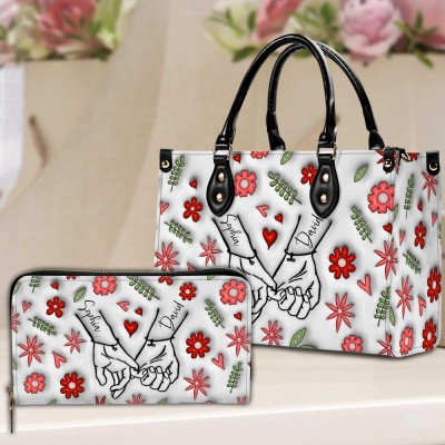 Personalized Mom And Kids Holding Hands Leather Handbags with Kids Name Mother's Day Gift