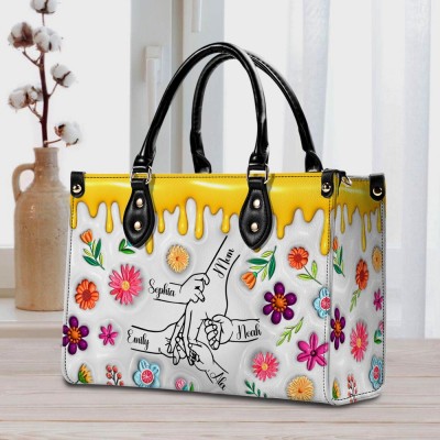 Personalized Mom And Kids Hands Leather Handbags with Kids Name Mother's Day Gift