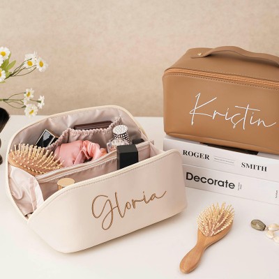 Personalized Leather Embroidered Make up Bag for Bridesmaid Squad Large Capacity Cosmetic Bag Bridal Shower Gift Bridal Party Gift