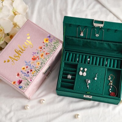 Personalized Name Velvet Jewelry Box with Flowers Large Jewelry Organizer with Drawer Bridesmaid Proposal Wedding Gift