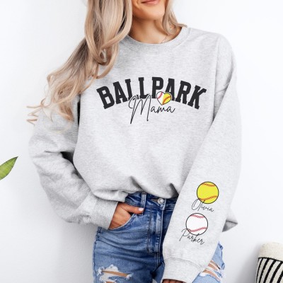 Personalized Softball Baseball Mom Sweatshirt with Kids Name on Sleeve Mothers Day Gifts