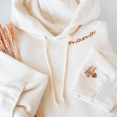 Personalized Embroidered Mama Sweatshirt with Kids Name on Sleeve Collar and Sleeve Embroidered Hoodies Mothers Day Gifts