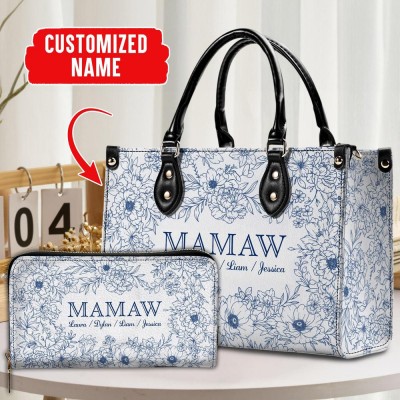 Personalized Mom And Kids Names Leather Handbags with Kids Name Mother's Day Gift