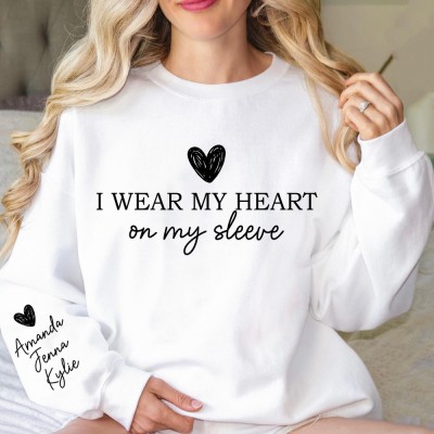 Personalized I Wear My Heart On My Sleeve Sweatshirt Mama Sweatshirt with Kids Name on Sleeve Mother's Day Gift