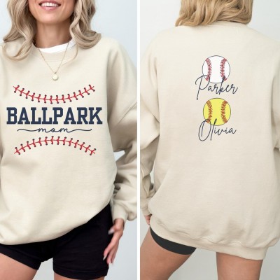 Personalized Softball Baseball Mom Sweatshirt with Kids Name Game Day Baseball Mom Gift Mothers Day Gifts
