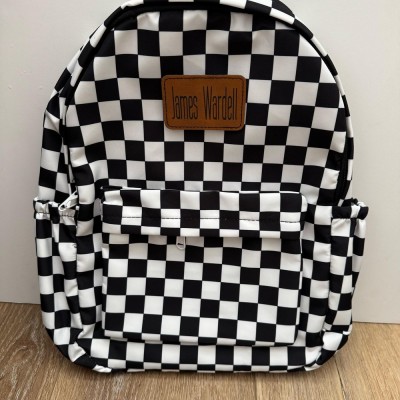 Personalized Kid Backpack School Bag with Name Patch Toddler Preschool Black and White Check Backpack Back to School Gift