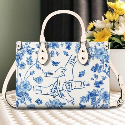 Personalized Mom And Kids Hands Leather Handbags with Kids Name Mother's Day Gift