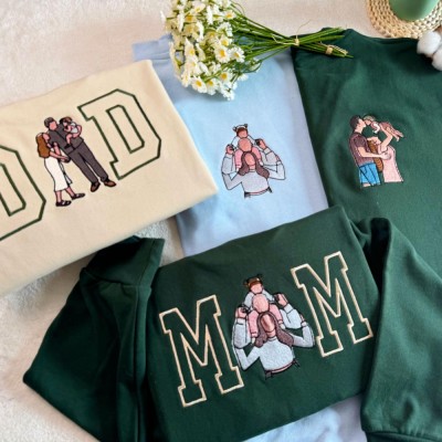 Personalized Embroidered Dad Portrait Hoodie with Kids Names on Sleeve Dad Drawing Sketch Sweatshirt Fathers Day Gift