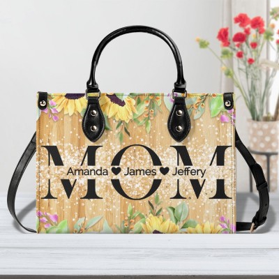 Personalized Mom Sunflower Hands Leather Handbags with Kids Name Gift for Grandma Mother's Day Gift