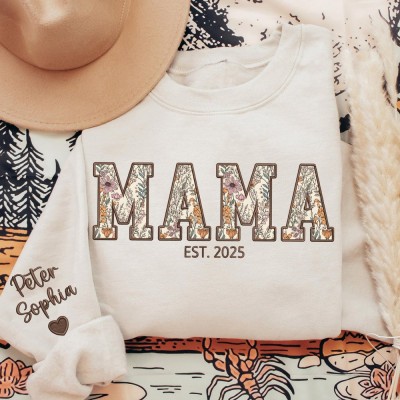 Personalized Embroidered Mama Sweatshirt with Kids Name on Sleeve Floral Applique Hoodies Mothers Day Gifts
