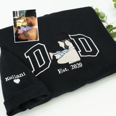 Personalized Embroidered Dad Portrait Hoodie with Kids Name on Sleeve New Dad Drawing Sweatshirt 1st Fathers Day Idea
