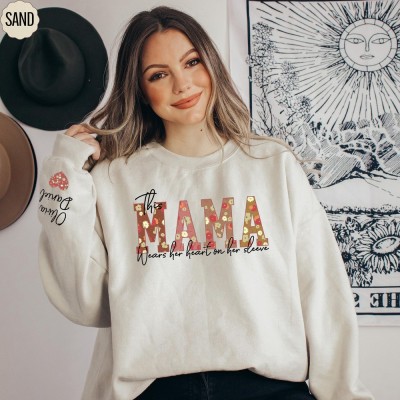 Personalized This Mama Wears Her Heart On Her Sleeve Sweatshirt Floral Mama Sweatshirt with Kids Name on Sleeve Mother's Day Gift