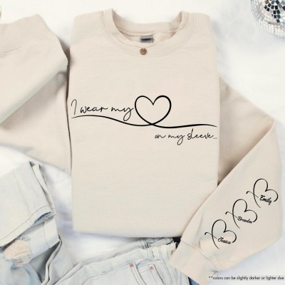 Personalized I Wear My Heart On My Sleeve Sweatshirt Mama Sweatshirt with Kids Name on Sleeve Mother's Day Gift