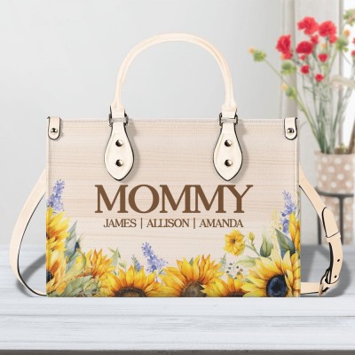 Personalized Mom Sunflower Hands Leather Handbags with Kids Name Gift for Grandma Mother's Day Gift
