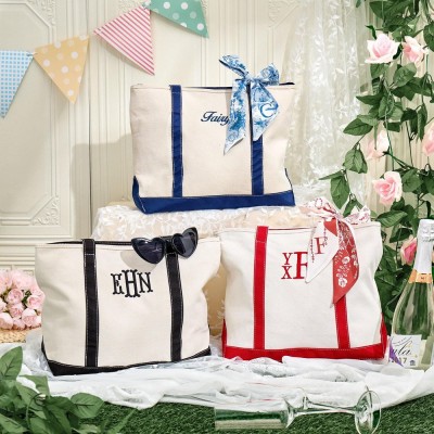 Personalized Tote Bag With Embroidered Name Monogram Canvas Tote with Zipper Bridal Party Gift
