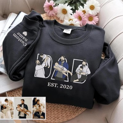 Personalized Embroidered Dad Portrait Hoodie with Kids Names on Sleeve New Dad Memory Time Sweatshirt Fathers Day Gifts