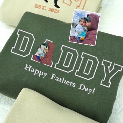 Personalized Dad Embroidered Portrait Hoodie with Kids Name on Sleeve New Dad Drawing Sweatshirt Meaningful Father's Day Gift