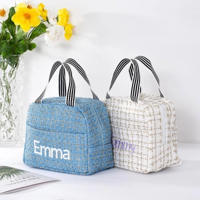 Personalized Kid School Lunch Bag with Embroidered Name Toddler Handmade Tweed Lunchbox Bag Back to School Essential