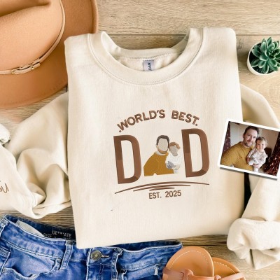 Personalized Embroidered World's Best Dad Portrait Sweatshirt with Kids Name on Sleeve Dad Est Date TShirt Fathers Day Gift