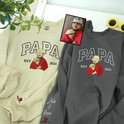 Personalized Embroidered Dad Portrait Hoodie with Kids Name on Sleeve New Dad Drawing Sketch Sweatshirt Fathers Day Gifts