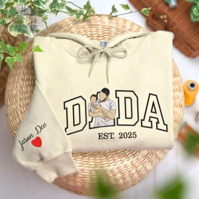 Personalized Embroidered Dad Portrait Sweatshirt with Kids Name on Sleeve New Dad Drawing Sketch Sweatshirt Fathers Day Gift