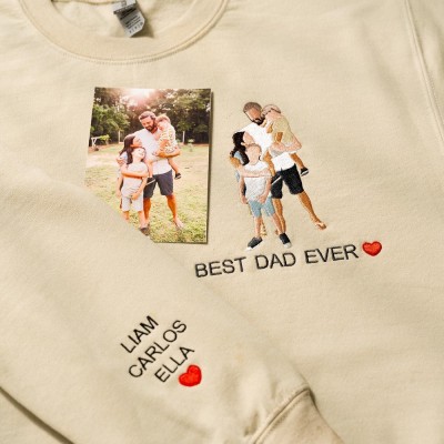 Personalized Embroidered Portrait Best Dad Hoodie with Kids Name on Sleeve New Dad Drawing Sweatshirt Fathers Day Gifts