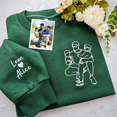 Personalized Embroidered Portrait Outline Dad Hoodie with Kids Name on Sleeve New Dad Drawing Sweatshirt Fathers Day Gifts