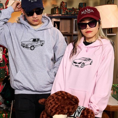 Personalized Embroidered Car Photo Matching Couple Hoodies Xmas Anniversary Gift Valentine Gift