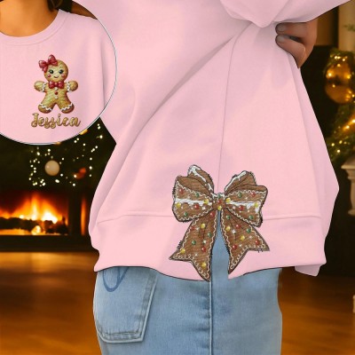 Personalized Embroidered Gingerbread Christmas Side Bow Cut-Out Sweatshirt with Name Christmas Embellished Sweatshirt Christmas Gifts