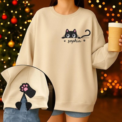 Personalized Embroidered Cat Side Bow Cut-Out Sweatshirt with Name Christmas Embellished Sweatshirt Christmas Gifts for Cat Lover