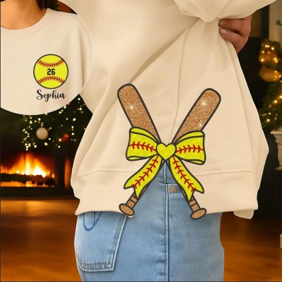 Personalized Embroidered Softball Side Bow Cut-Out Sweatshirt with Name Softball Mom Sweatshirt Christmas Gifts for Sport Fans