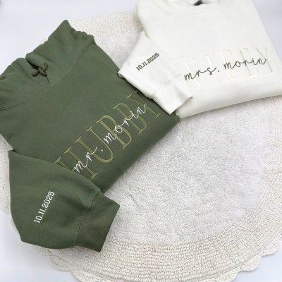 Personalized Embroidered Wifey Husband Sweatshirt or Hoodie with Name Honeymoon Bridal Gift