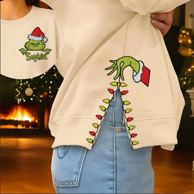 Personalized Embroidered Grinch Side Bow Cut-Out Sweatshirt with Name Christmas Embellished Funny Grinch Sweatshirt Christmas Gifts